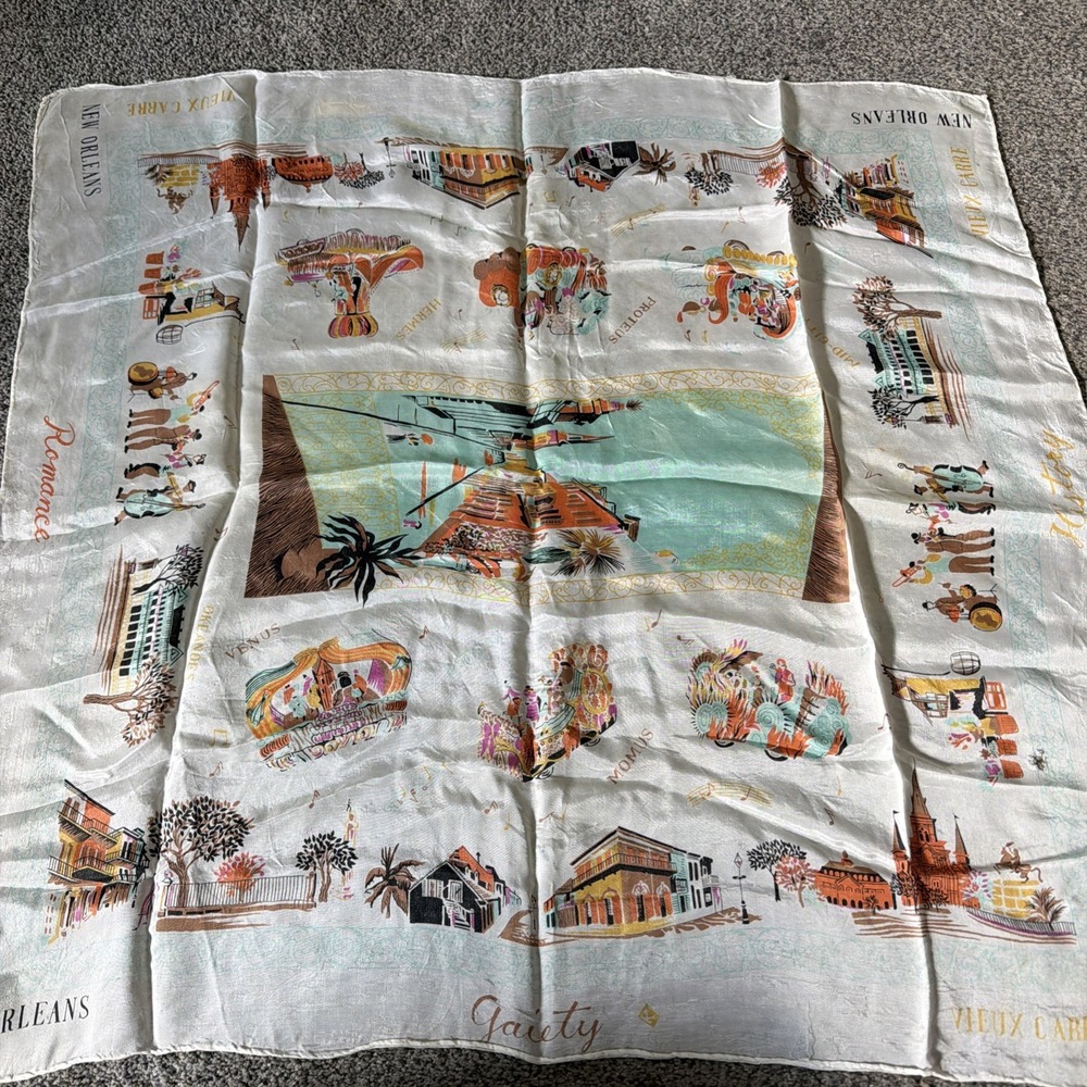 Vintage Silk New Orleans Souvenir Scarf 30" Square